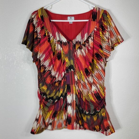 Worthington Womans Top 1X  Multicolor Pleated V-Neck Draping Short Sleeve Shirt - Picture 1 of 7